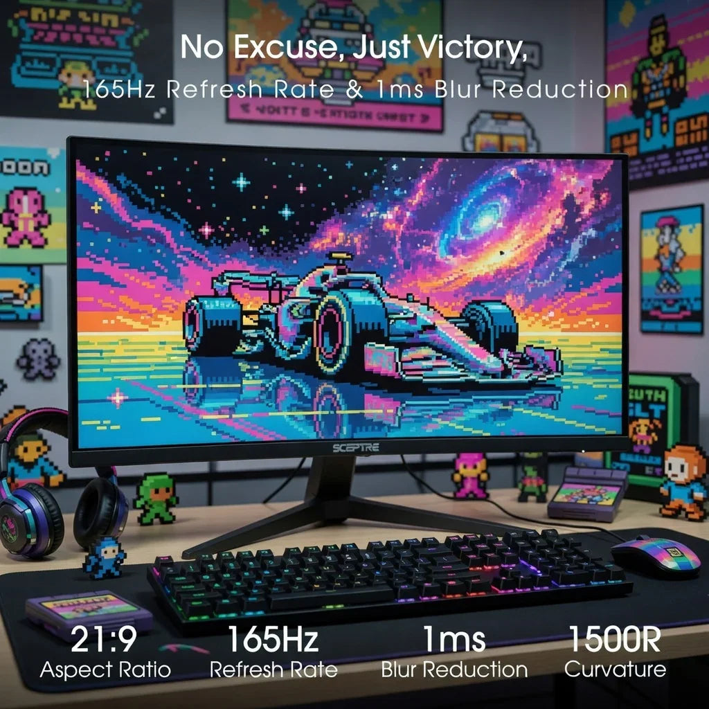 Curved gaming monitor displaying pixel art car, RGB keyboard, headset, retro gaming setup