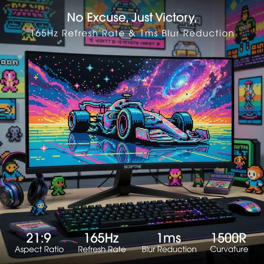 Curved gaming monitor displaying pixel art car, RGB keyboard, headset, retro gaming setup