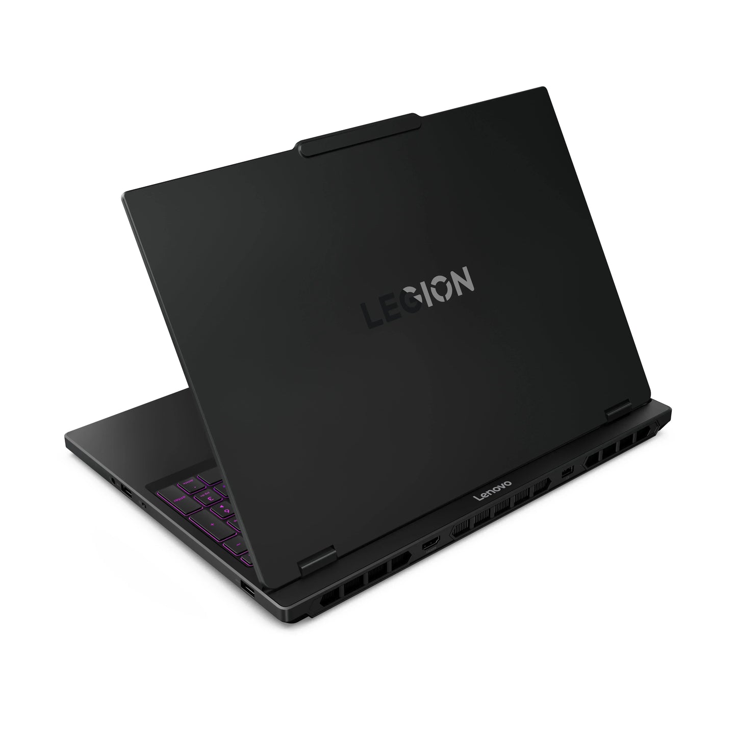 Black Lenovo Legion gaming laptop with RGB keyboard, partially open, rear ventilation ports visible.