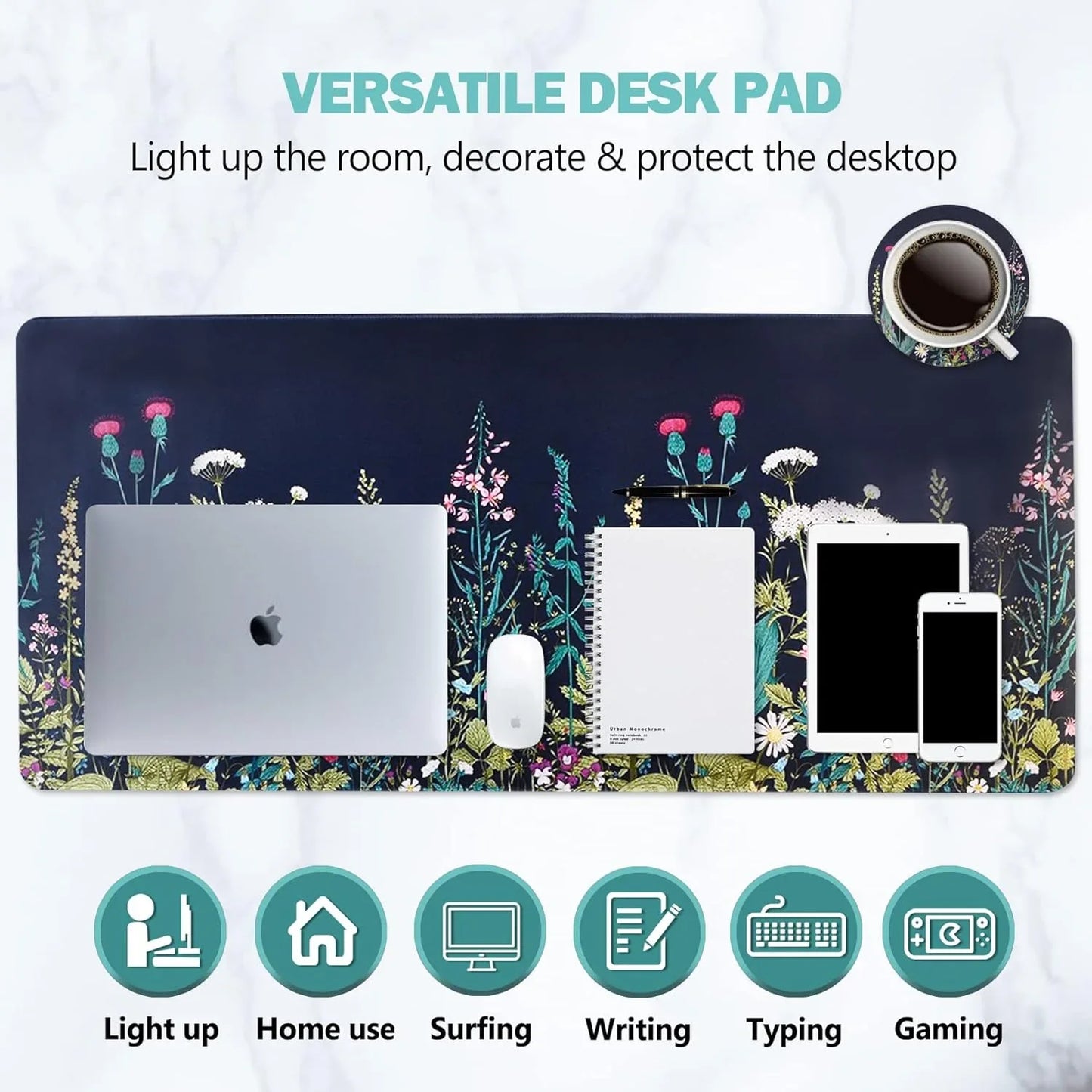 Dark floral desk pad with laptop, mouse, notebook, tablet, phone, and coffee cup on white surface