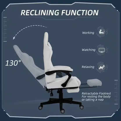 White gaming chair with 130° reclining function and retractable footrest for working, watching, and relaxing