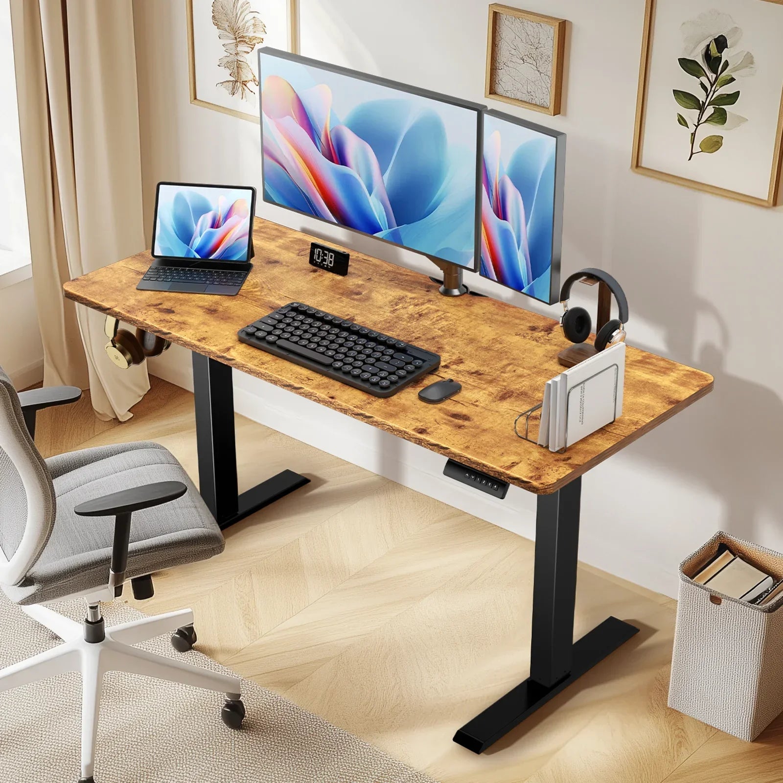 55" X 24" Electric Standing Desk, Adjustable Height Sit Stand up Desk with 4 Memory Pre-Set, Home Office Gaming Desk with Headphone Hook, Vintage Brown