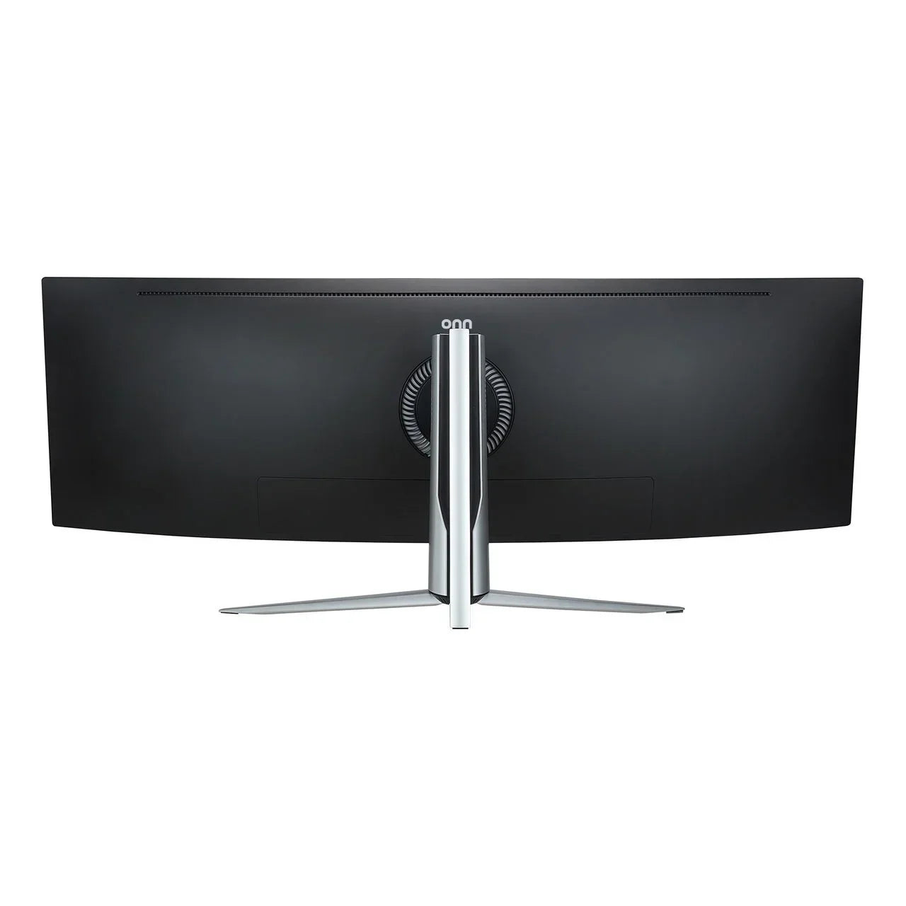 Rear view of black ultrawide gaming monitor with silver adjustable stand on white background