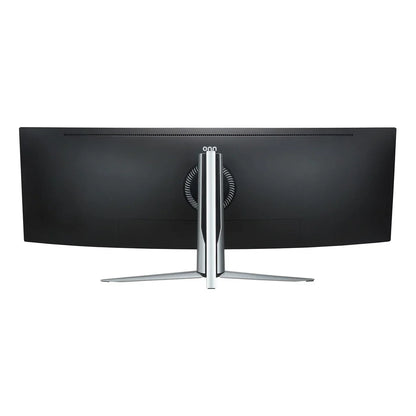 Rear view of black ultrawide gaming monitor with silver adjustable stand on white background