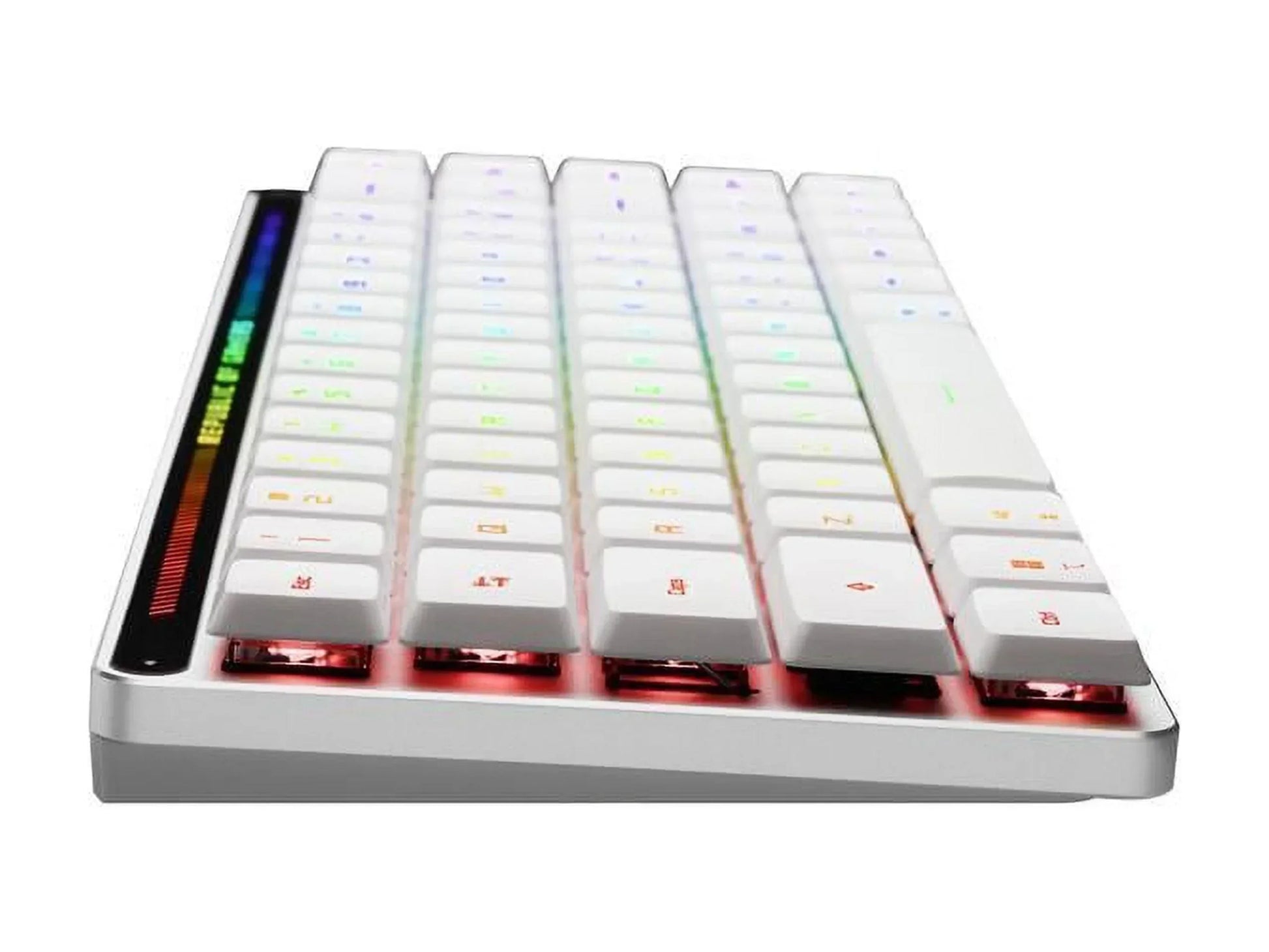 White compact mechanical keyboard with RGB backlighting and side LED display, modern gaming gear