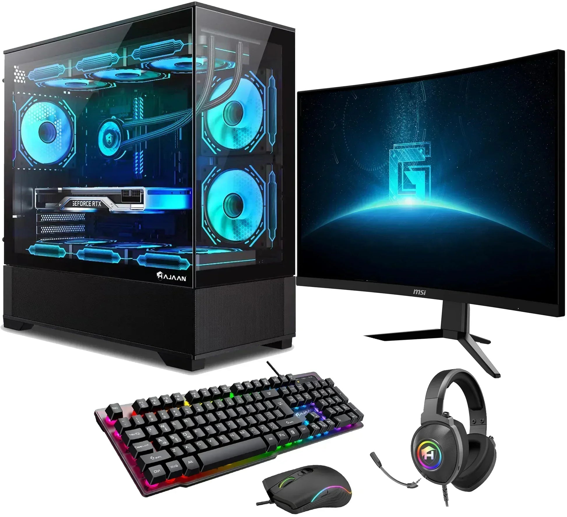 Gaming PC setup with RGB desktop, curved monitor, mechanical keyboard, mouse, and headset