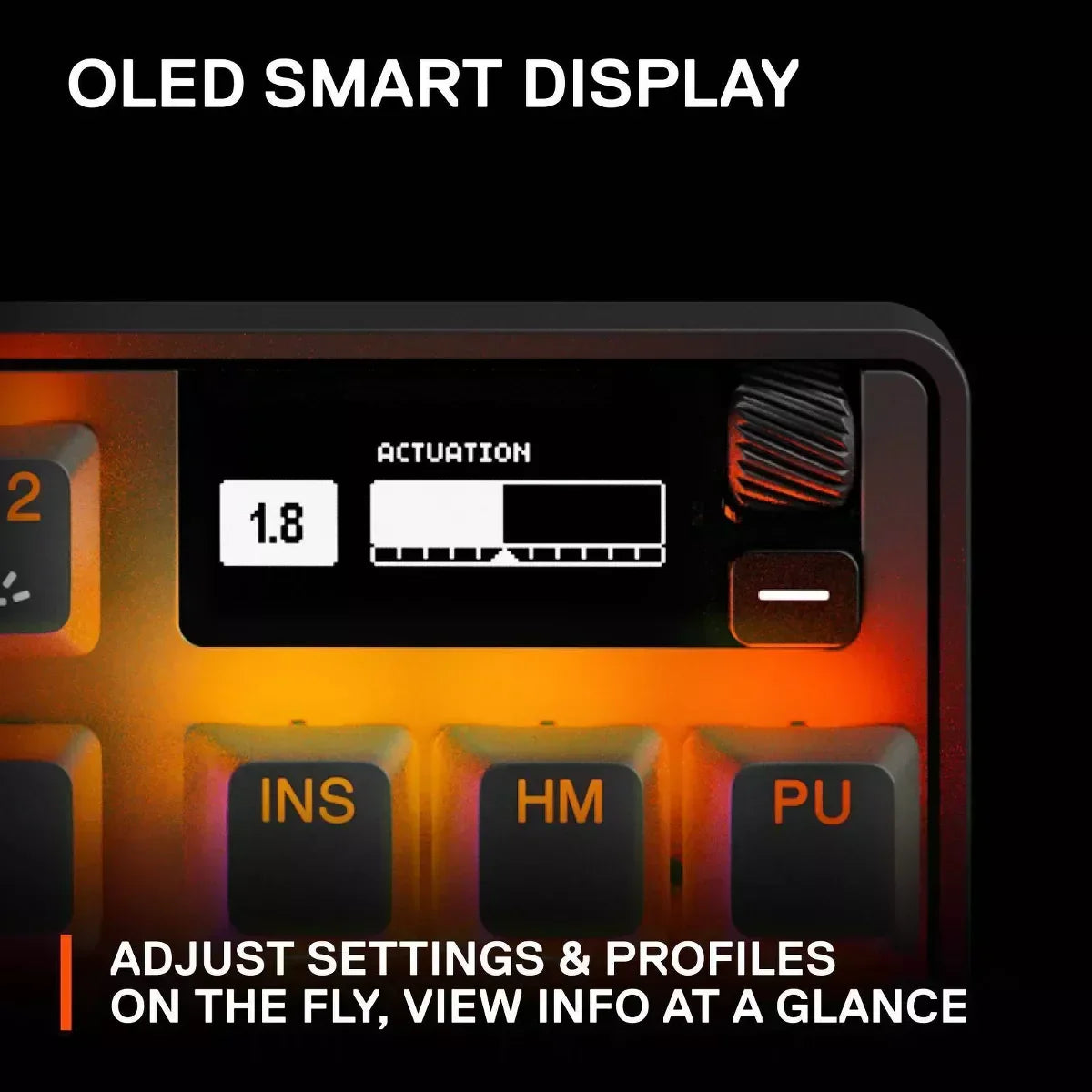 Gaming keyboard with OLED smart display for on-the-fly settings, RGB backlit keys
