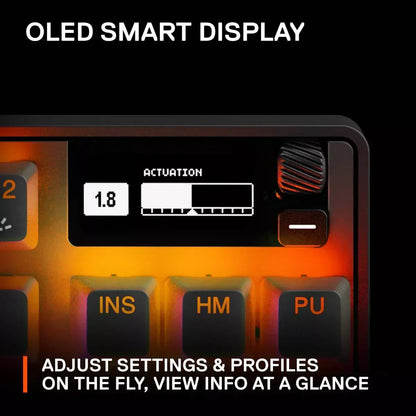 Gaming keyboard with OLED smart display for on-the-fly settings, RGB backlit keys