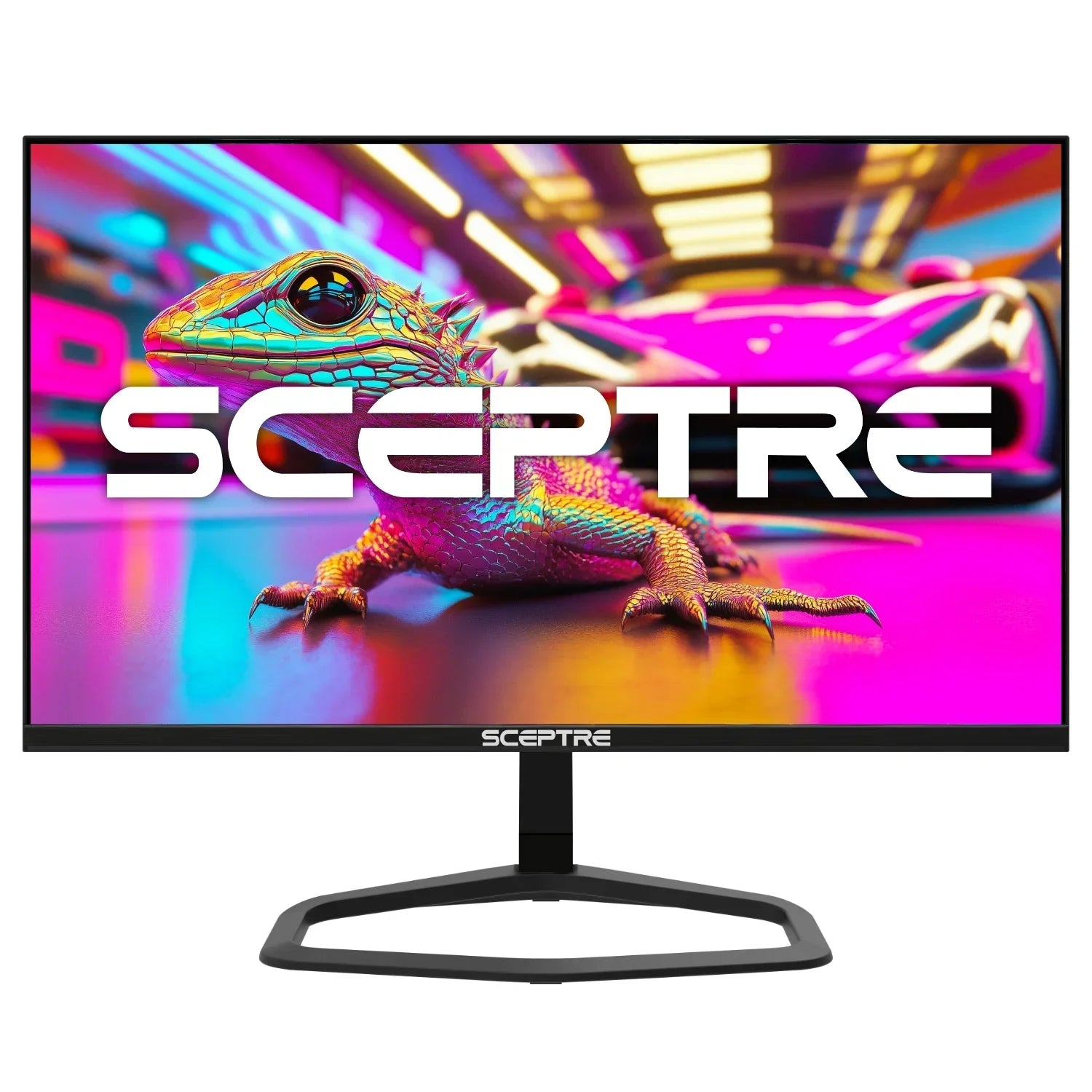 Sceptre gaming monitor displaying a colorful chameleon and sleek sports car on vibrant pink and blue background