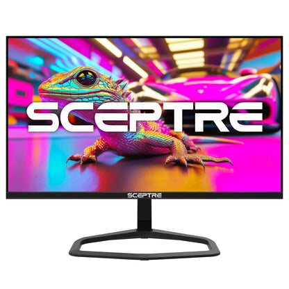 Sceptre gaming monitor displaying a colorful chameleon and sleek sports car on vibrant pink and blue background