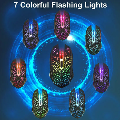 RGB gaming mice with seven colorful crackle lighting patterns on a blue digital background