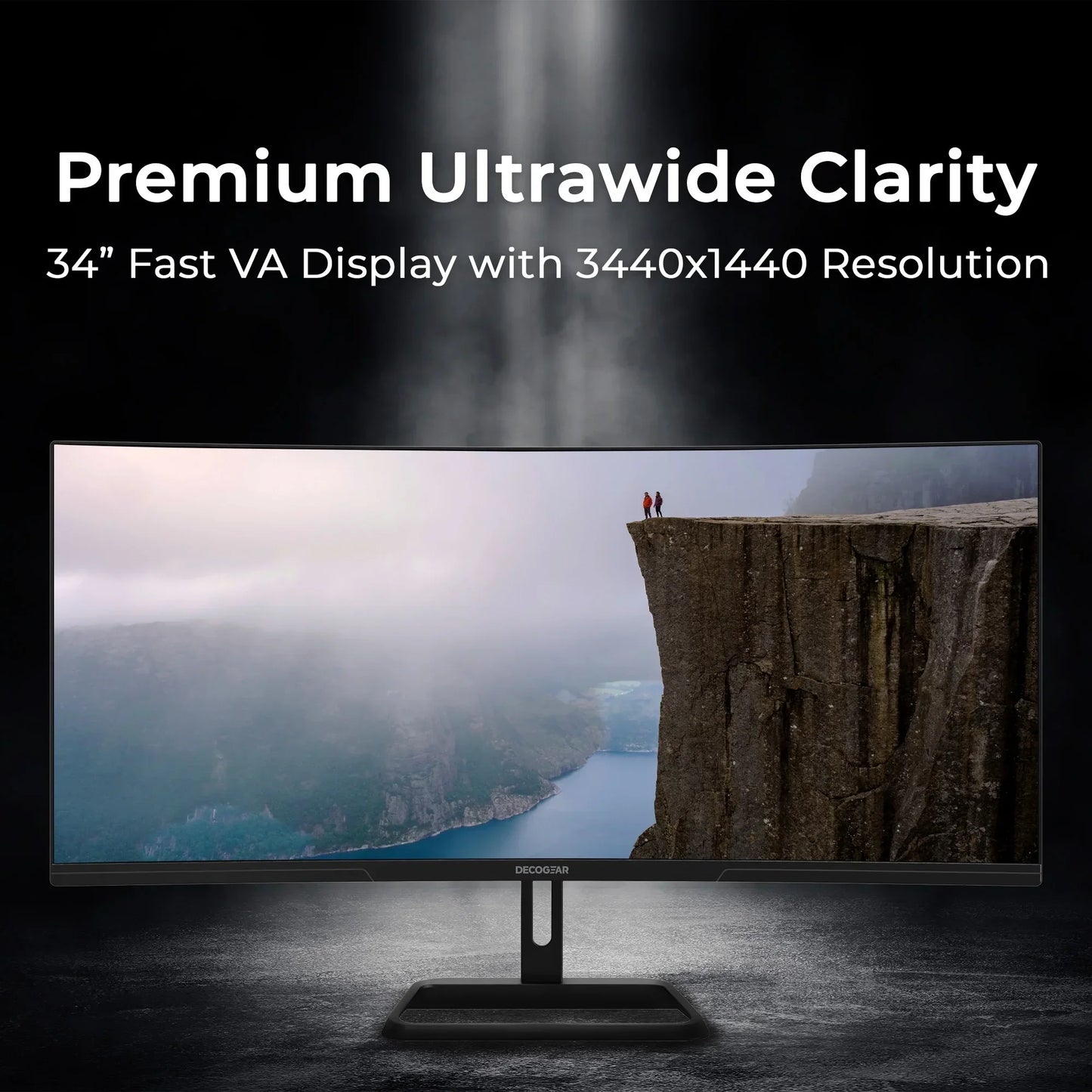34-inch ultrawide VA monitor displaying a foggy cliff and lake landscape with two hikers