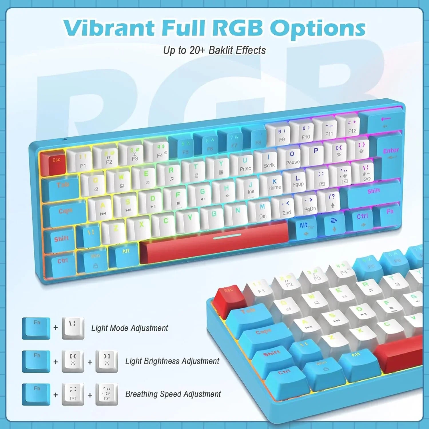 Blue and white mechanical RGB keyboard with colorful backlit keys and red accent keys