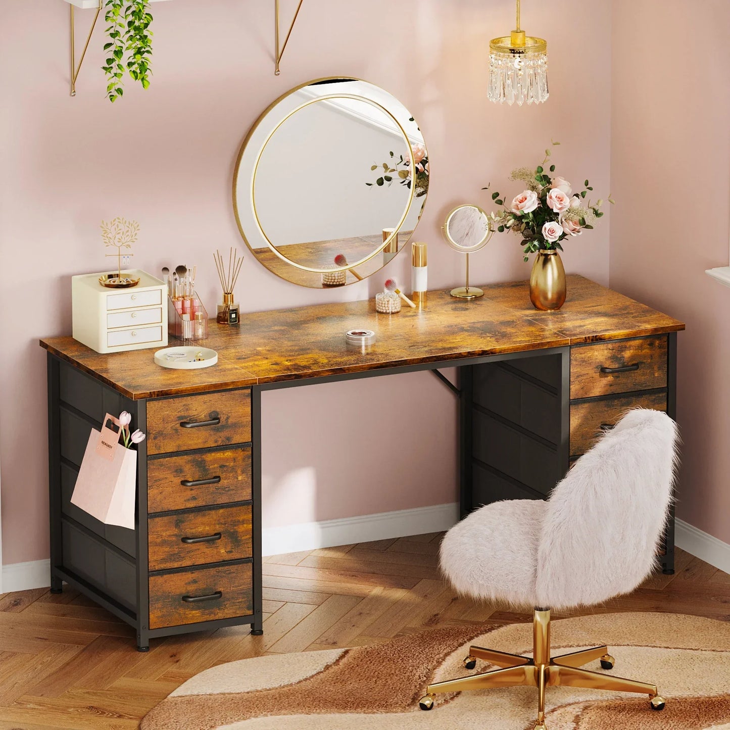 Vintage Computer Desk with Drawers for Storage - 55 Inch Home Office Desk with 8 Fabric Drawers, Writing Study Desk with Drawers on Both Sides for Bedroom