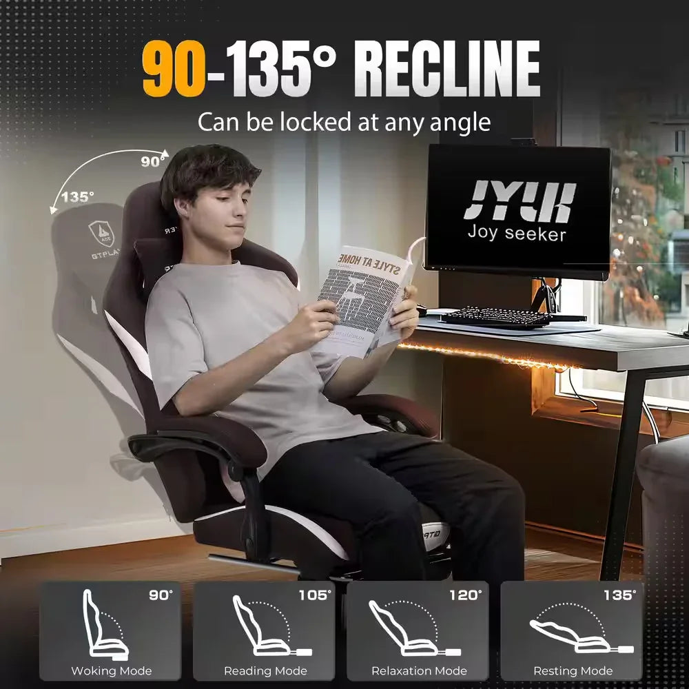 Man reclining in ergonomic gaming chair adjustable from 90° to 135° at desk with monitor