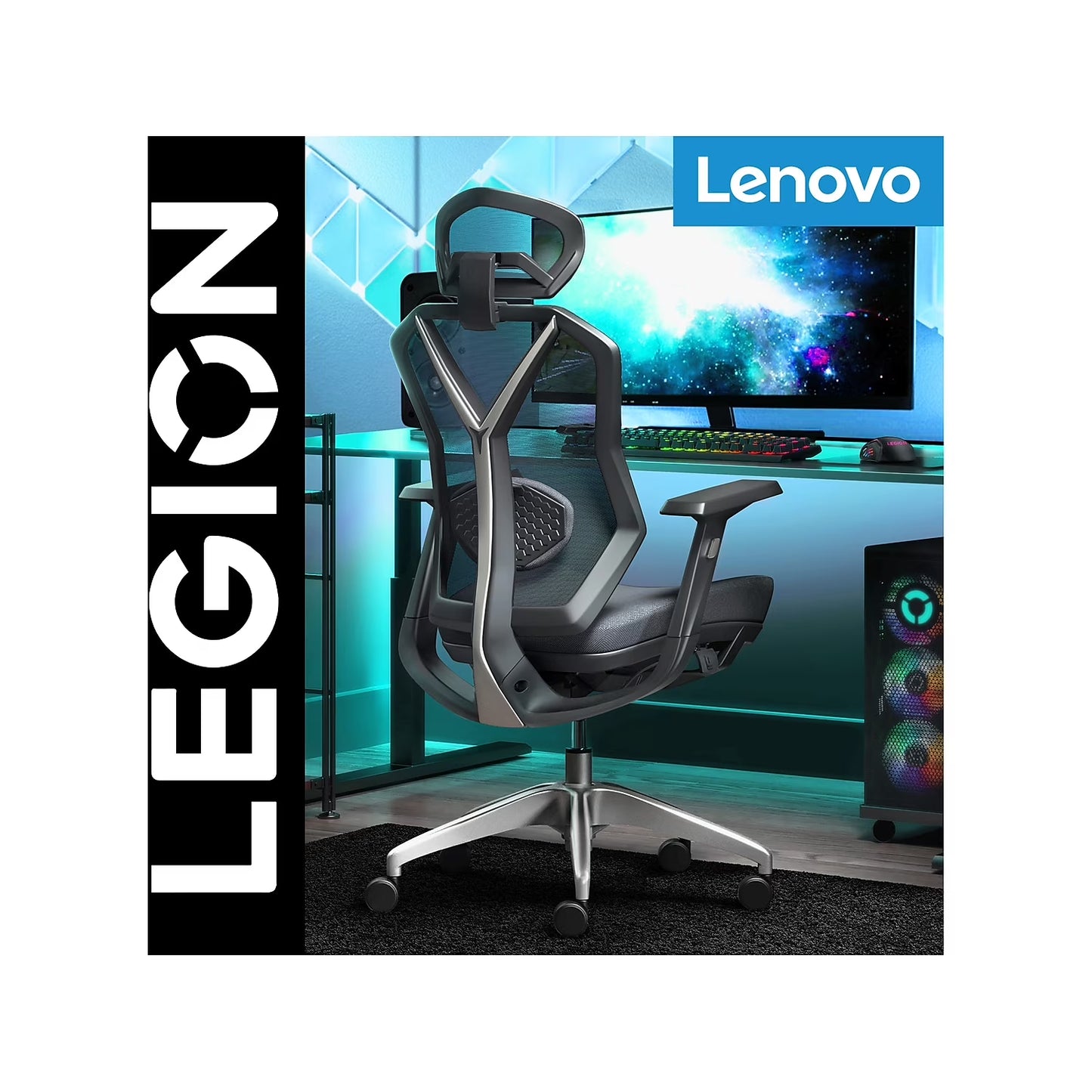 Lenovo Legion gaming chair with ergonomic design, RGB keyboard, and PC setup for immersive gameplay
