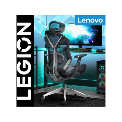 Lenovo Legion gaming chair with ergonomic design, RGB keyboard, and PC setup for immersive gameplay