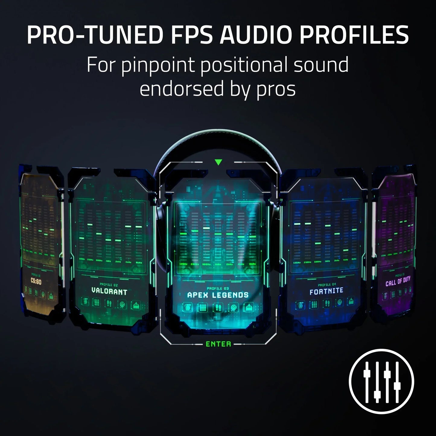Gaming headset with customizable pro-tuned FPS audio profiles for Valorant, Apex Legends, Fortnite, CS:GO, and Call of Duty