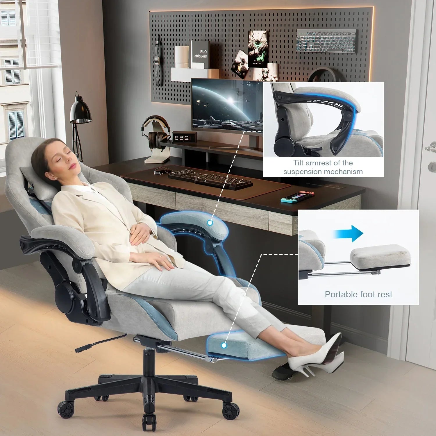 Woman relaxing in gray ergonomic office chair with tilting armrest and extendable footrest in modern home office