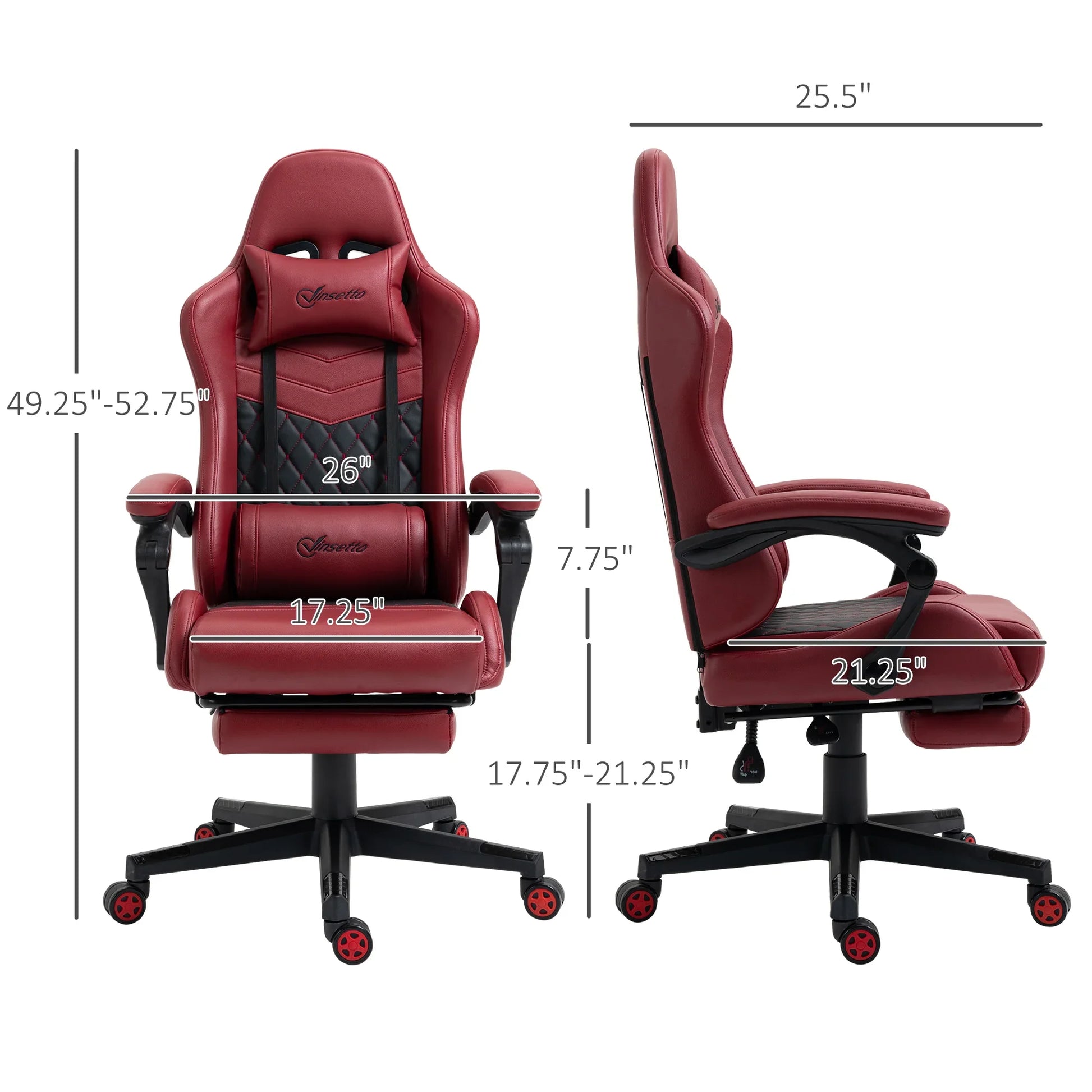 Red and black gaming chair with adjustable height, lumbar support, and ergonomic design with detailed measurements