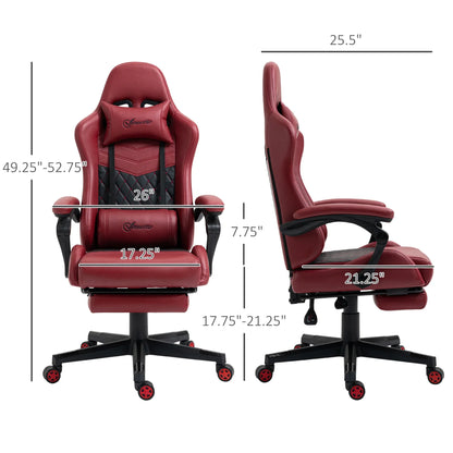 Red and black gaming chair with adjustable height, lumbar support, and ergonomic design with detailed measurements