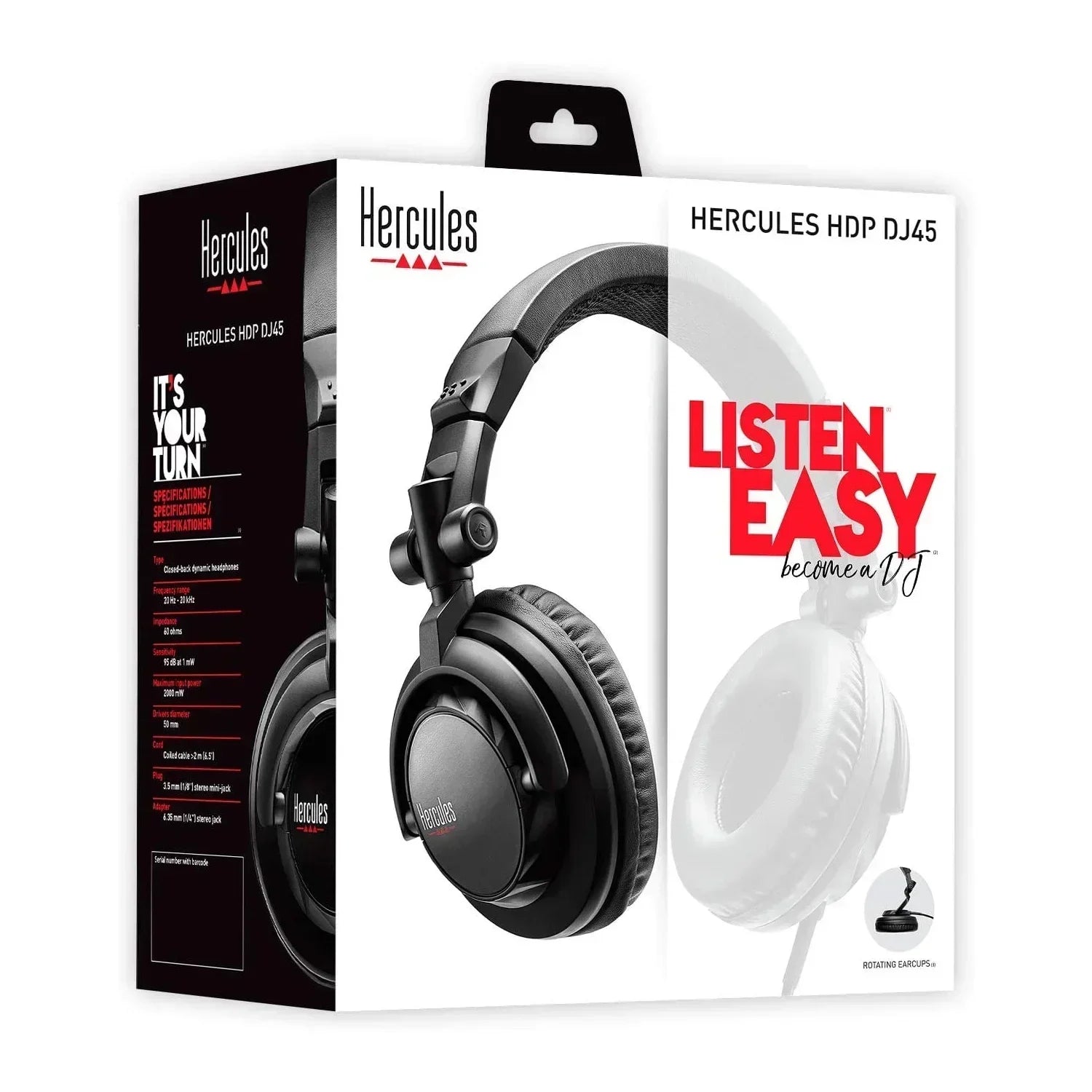Hercules HDP DJ45 black over-ear gaming headphones in retail box, DJ headset packaging