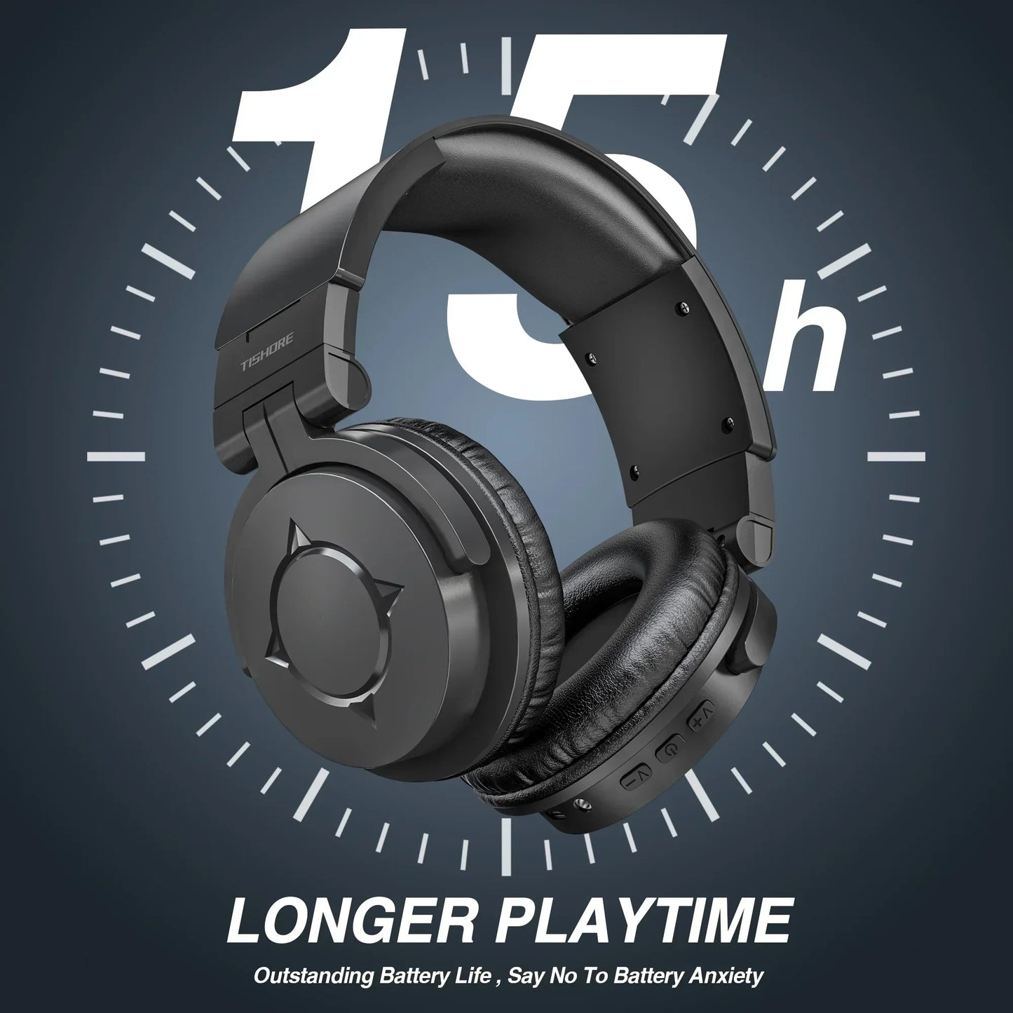 Black gaming headset with 15 hour battery life, long playtime, and cushioned ear cups