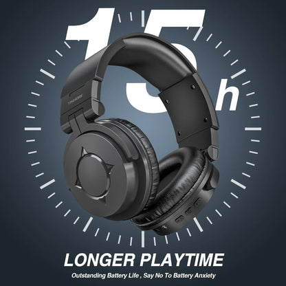 Black gaming headset with 15 hour battery life, long playtime, and cushioned ear cups