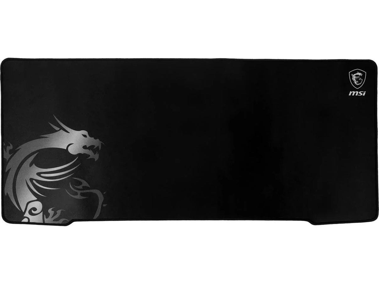 MSI black extended gaming mouse pad with silver dragon graphic and logo, modern desk setup gear