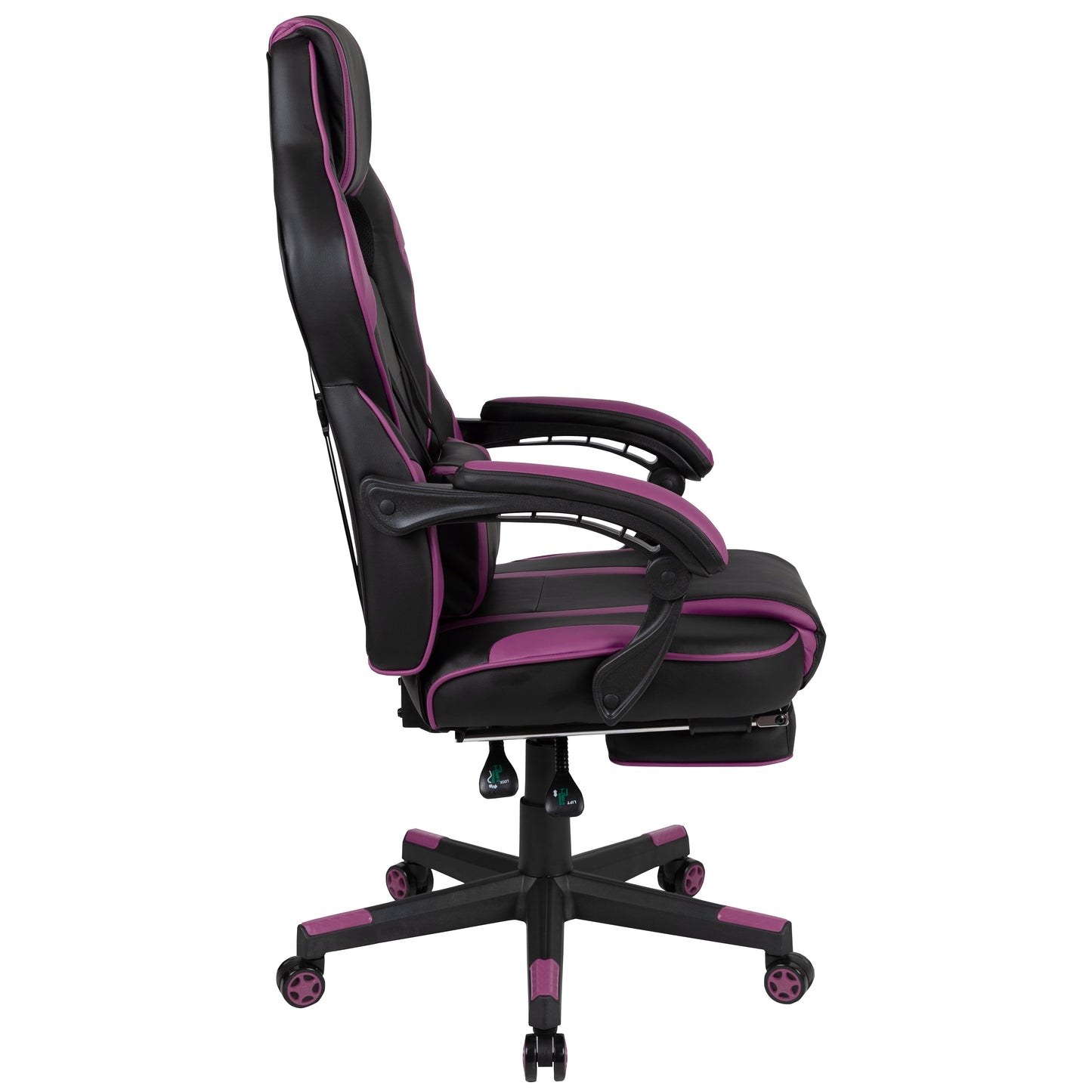 Black and purple gaming chair with high back, adjustable armrests, and footrest for ergonomic PC setup
