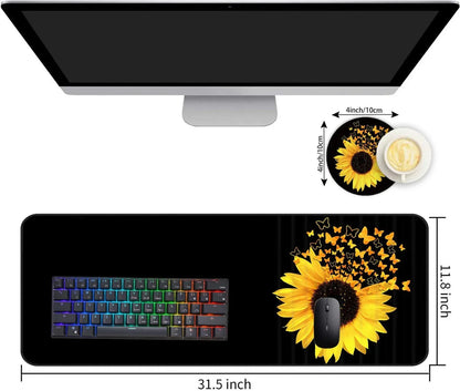 Black extended gaming mouse pad and sunflower butterfly design mouse pad with compact RGB keyboard and white coffee cup on desk