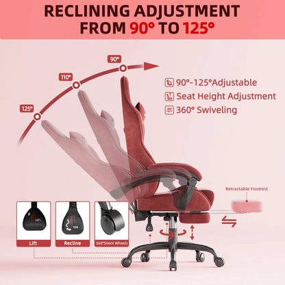 Red gaming chair with 90°-125° recline, height adjustment, 360° swivel, and retractable footrest