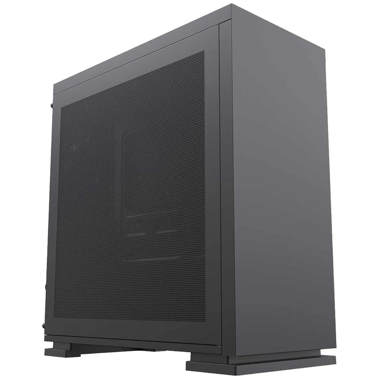 Sleek black computer case with perforated mesh side panel for improved airflow, modern design