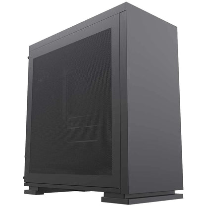 Sleek black computer case with perforated mesh side panel for improved airflow, modern design