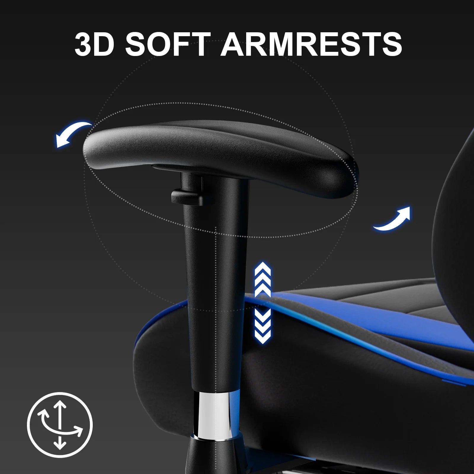 3D soft armrests on black and blue gaming chair with adjustable height and rotation
