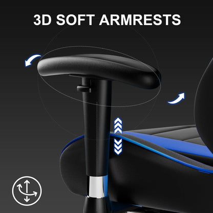 3D soft armrests on black and blue gaming chair with adjustable height and rotation