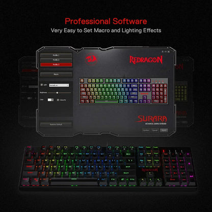 Redragon RGB mechanical gaming keyboard with customizable lighting and macro software on black background