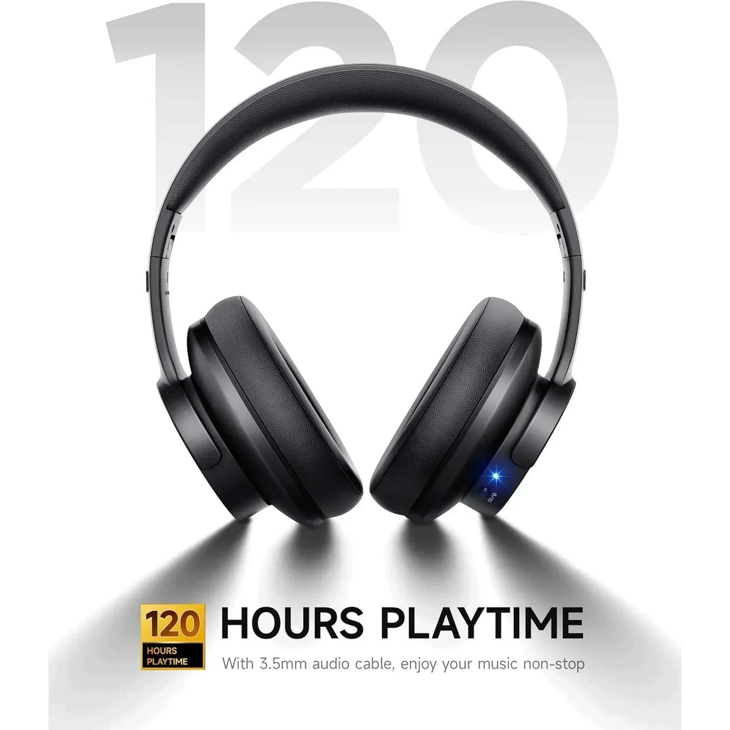 Over-ear wireless gaming headphones with 120 hours playtime, black color, modern design