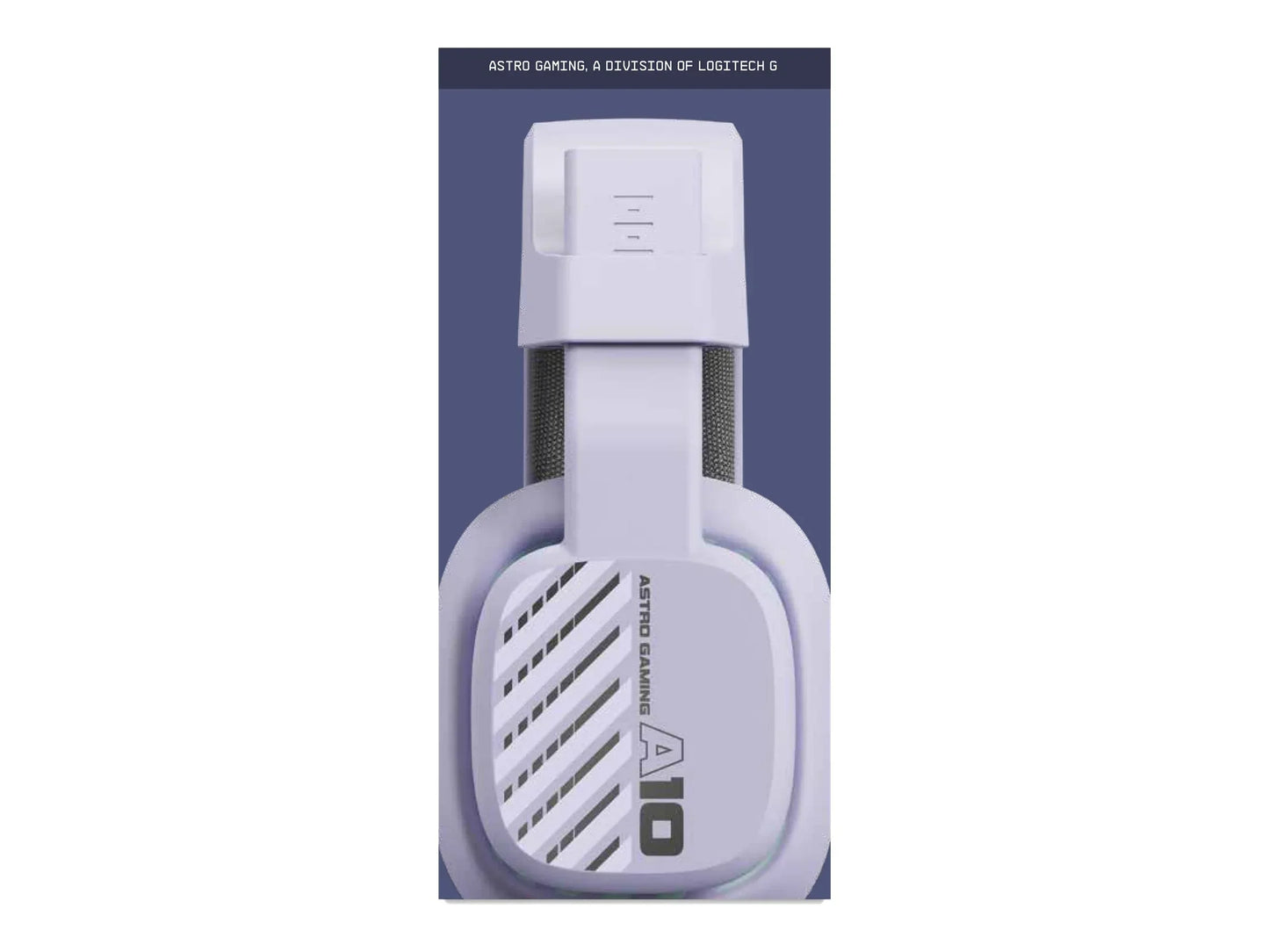 Astro Gaming A10 white gaming headset with logo on ear cup against blue background