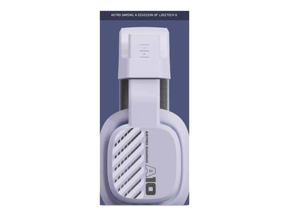 Astro Gaming A10 white gaming headset with logo on ear cup against blue background