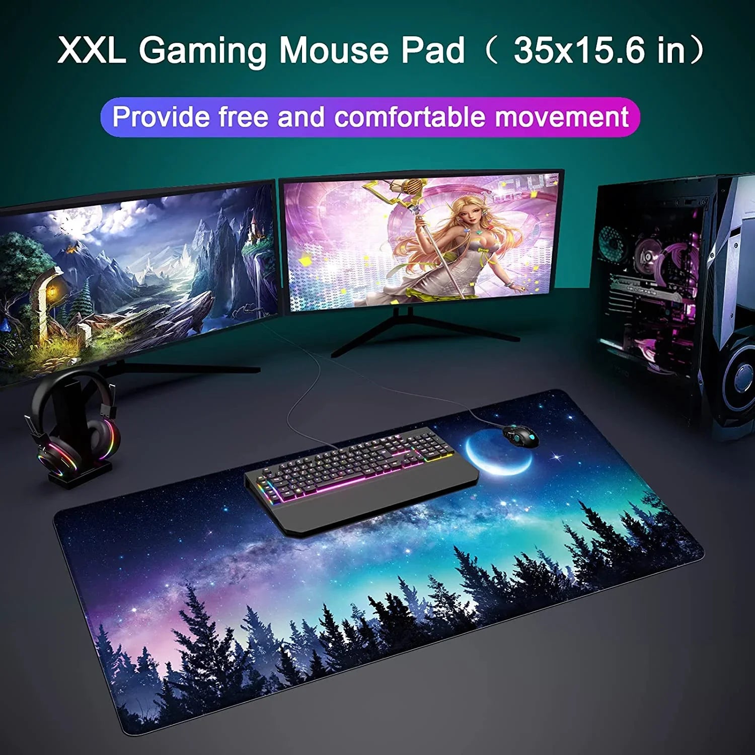 XXL gaming mouse pad with night sky and forest design on desk with dual monitors, keyboard, mouse, and gaming PC setup