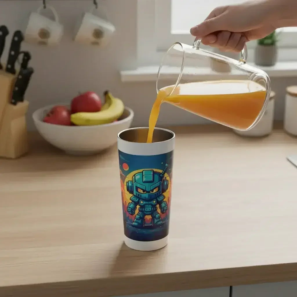 Person pouring orange juice from glass pitcher into tumbler with robot design on kitchen countertop
