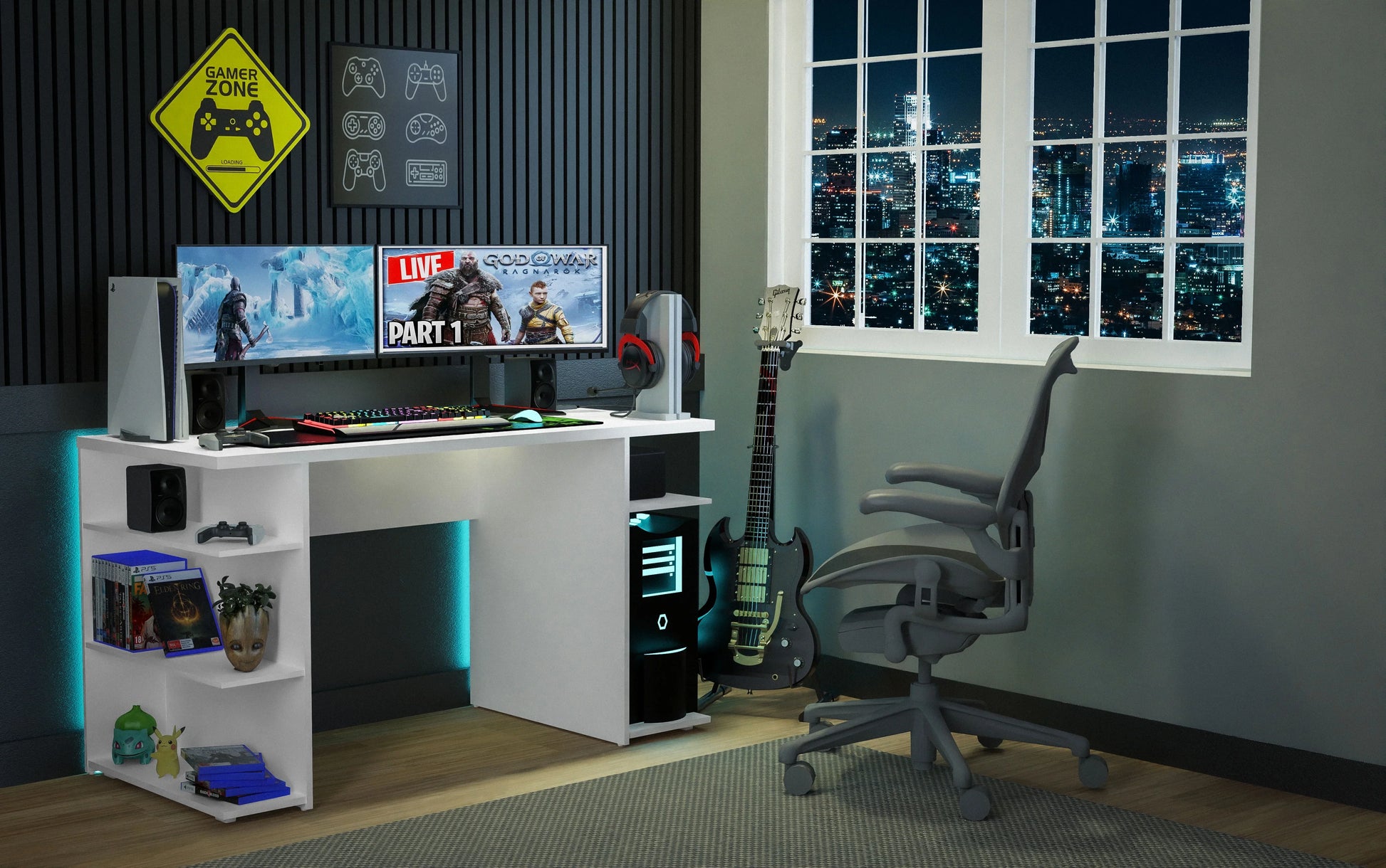Large Modern Gaming Computer Desk 53 Inch with 5 Shelves Cable Management Student Study Wooden Table Home Office Gamer Desk for Kids and Adults - White