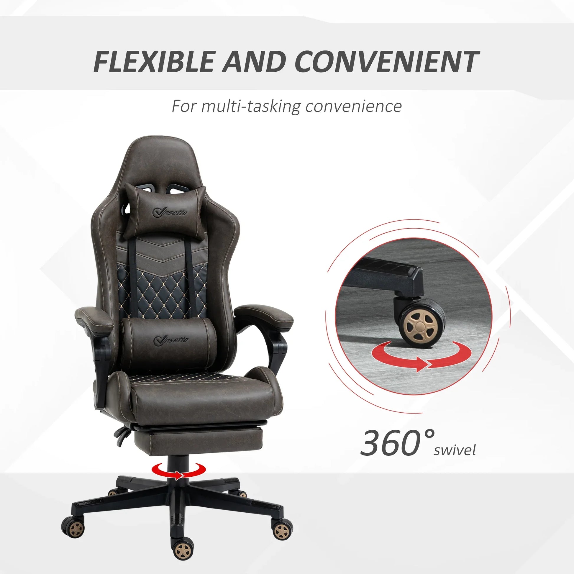 Vinsetto brown leather ergonomic gaming chair with lumbar support and 360° swivel caster wheels for multitasking