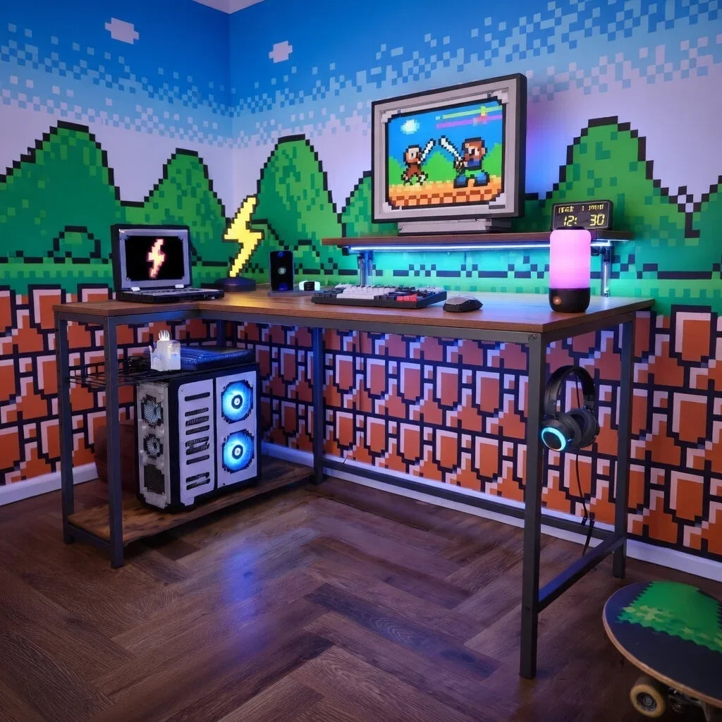 Retro gaming setup with 8-bit pixel art wall, RGB lit PC, mechanical keyboard, and headset.