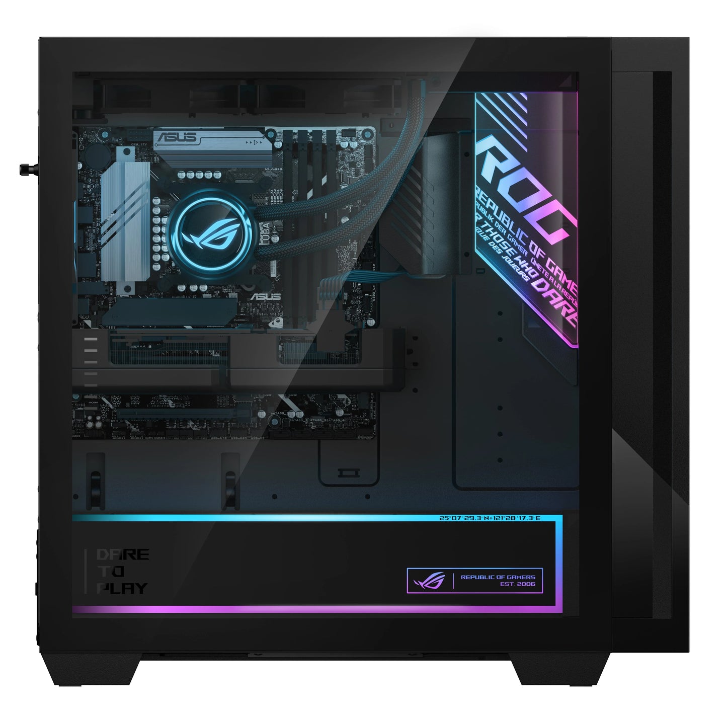 Gaming PC interior with ASUS ROG motherboard, liquid cooling, RGB lighting, and tempered glass side panel