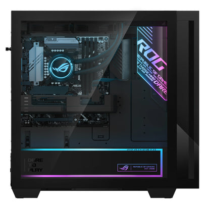 Gaming PC interior with ASUS ROG motherboard, liquid cooling, RGB lighting, and tempered glass side panel