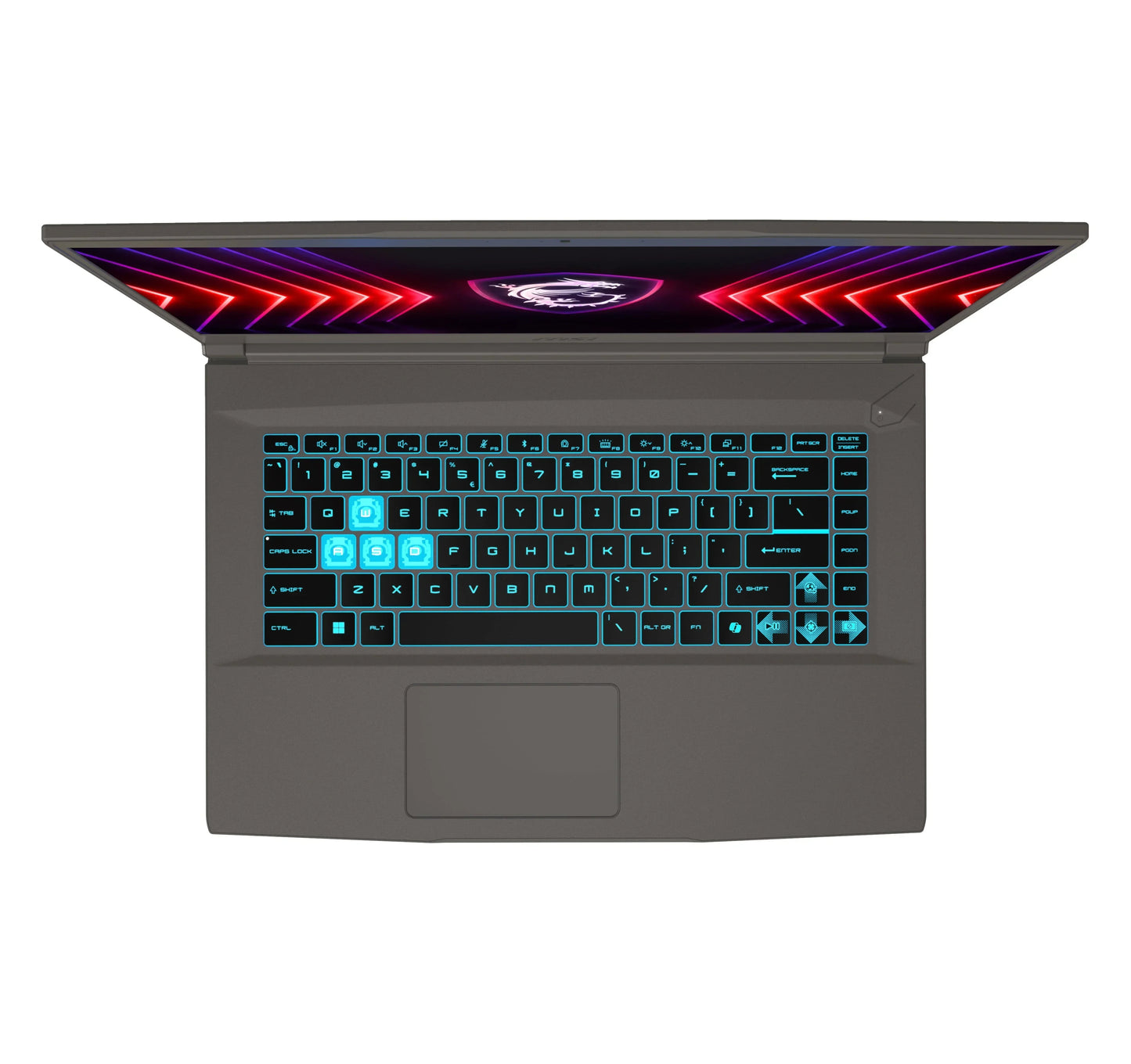 Top view of a gaming laptop with RGB backlit keyboard and futuristic design