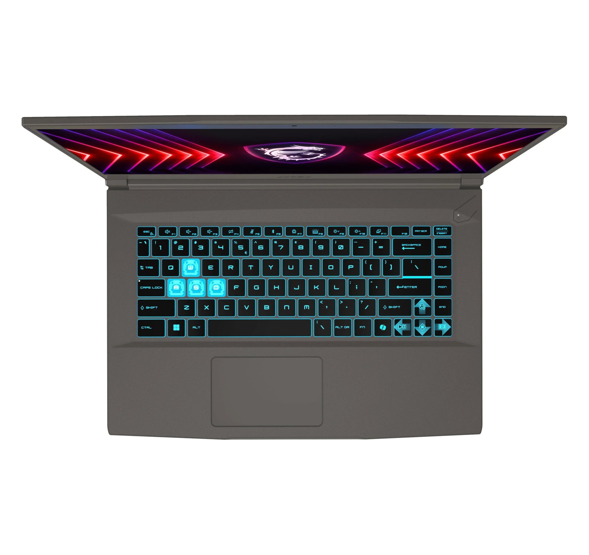 Top view of a gaming laptop with RGB backlit keyboard and futuristic design