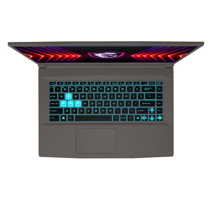 Top view of a gaming laptop with RGB backlit keyboard and futuristic design